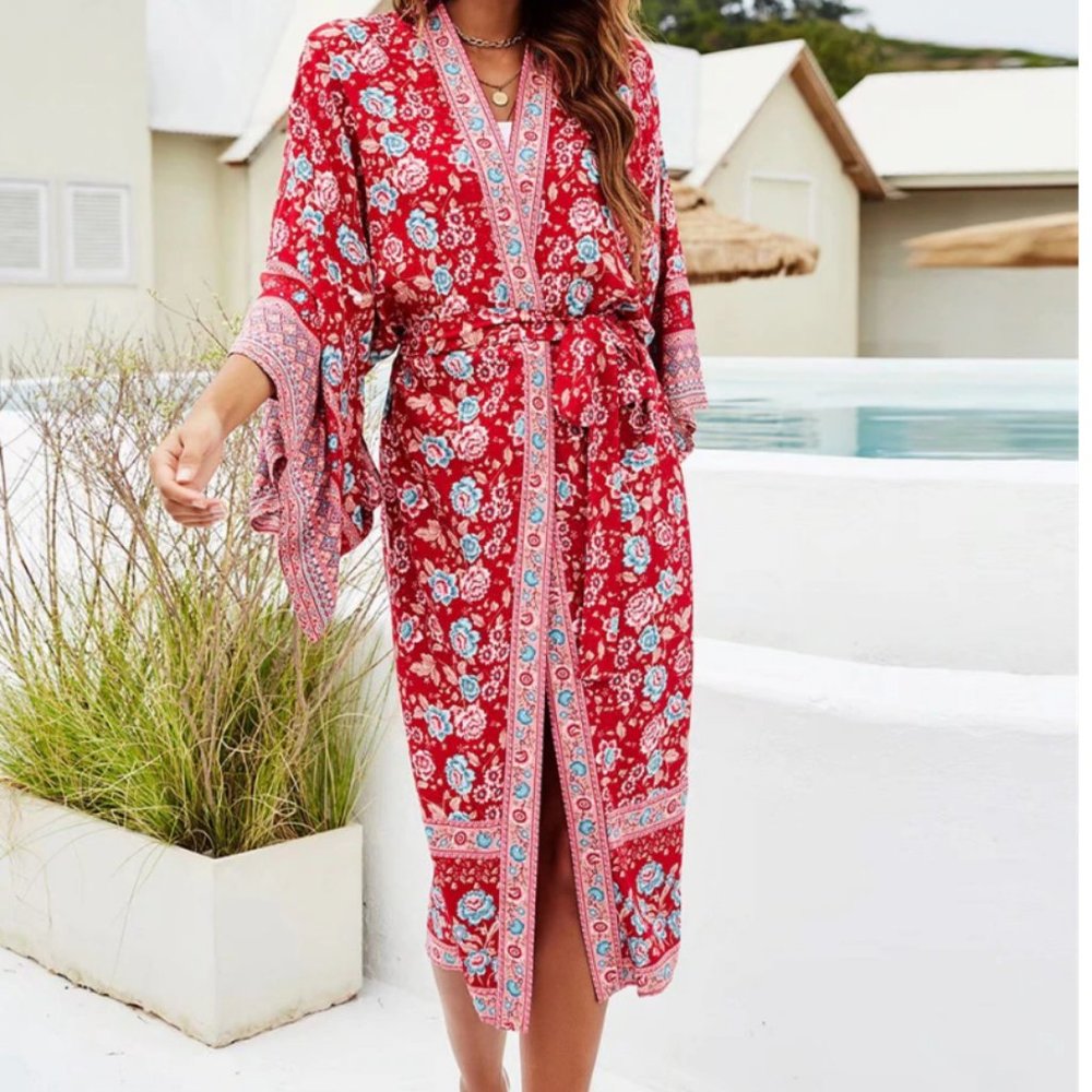 Ruby Rose Floral Blossom Kimono Robe